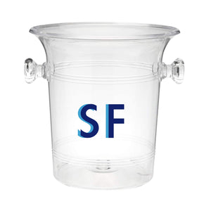 A clear ice bucket with "SF" monogrammed on the front in blue