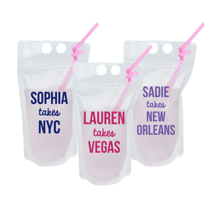 A group of party pouches are customized with custom names and cities in fun colors.