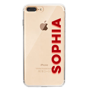 A clear acrylic phone case reads "Sophia" in red
