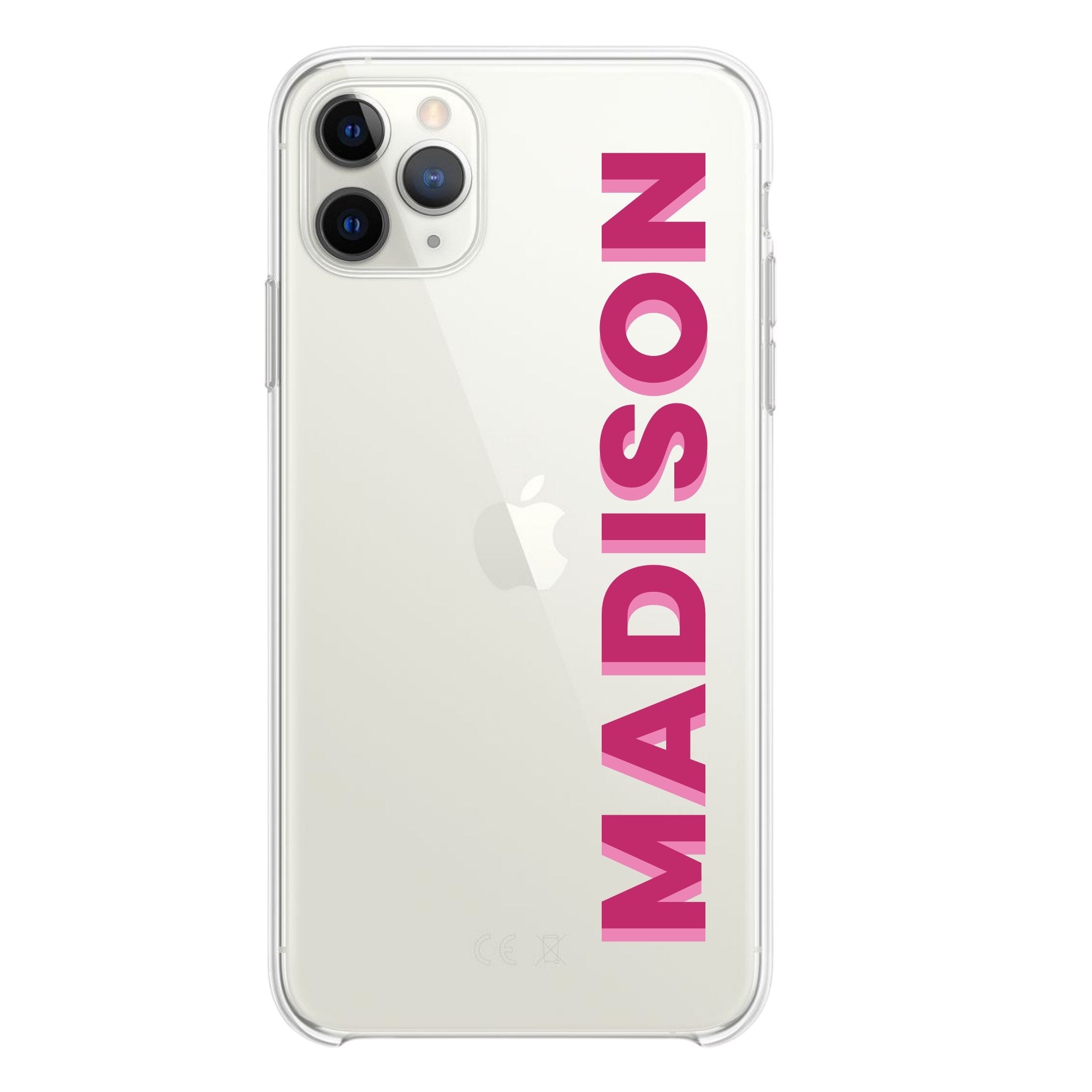 A clear acrylic phone case reads "Madison" in pink
