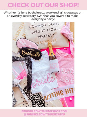 A graphic which shows an assortment of products laid flat to show that Sprinkled With Pink has custom items for every occasion.