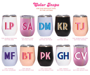 A group of wine tumblers are customized with different monograms to show color inspiration