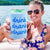 A blue cooler is held up by a woman in a swimsuit and reads "drink drank drunk" in a dark blue font.