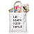 A "Eat Sleep Beach Repeat" tote holds a bouquet of flowers and some magazines.