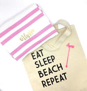 A cotton tote bag is shown off with a customized towel and fun drinking straw.