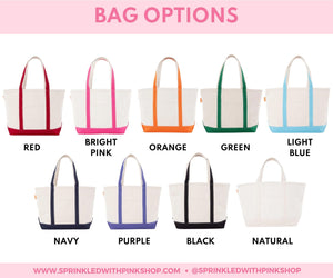 A Sprinkled With Pink graphic showing 9 different colored bag options that an embroidered canvas tote can come in