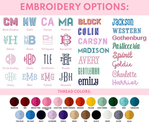 A full outline of the different font styles and thread colors for embroidered guest towels
