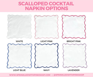 A graphic that shows off the color options of scalloped cocktail napkins which can be customized.