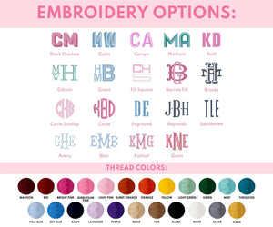 A graphic displaying 19 different fonts to choose from and 23 thread colors for a personalized product 