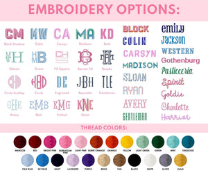 An extensive outline of embroidery options for a personalized gift, including fonts and thread colors