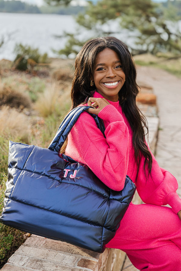 Navy Quilted Puffer Tote – maeree