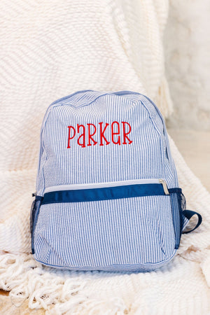 Embroidered Seersucker Backpack - Sprinkled With Pink #bachelorette #custom #gifts