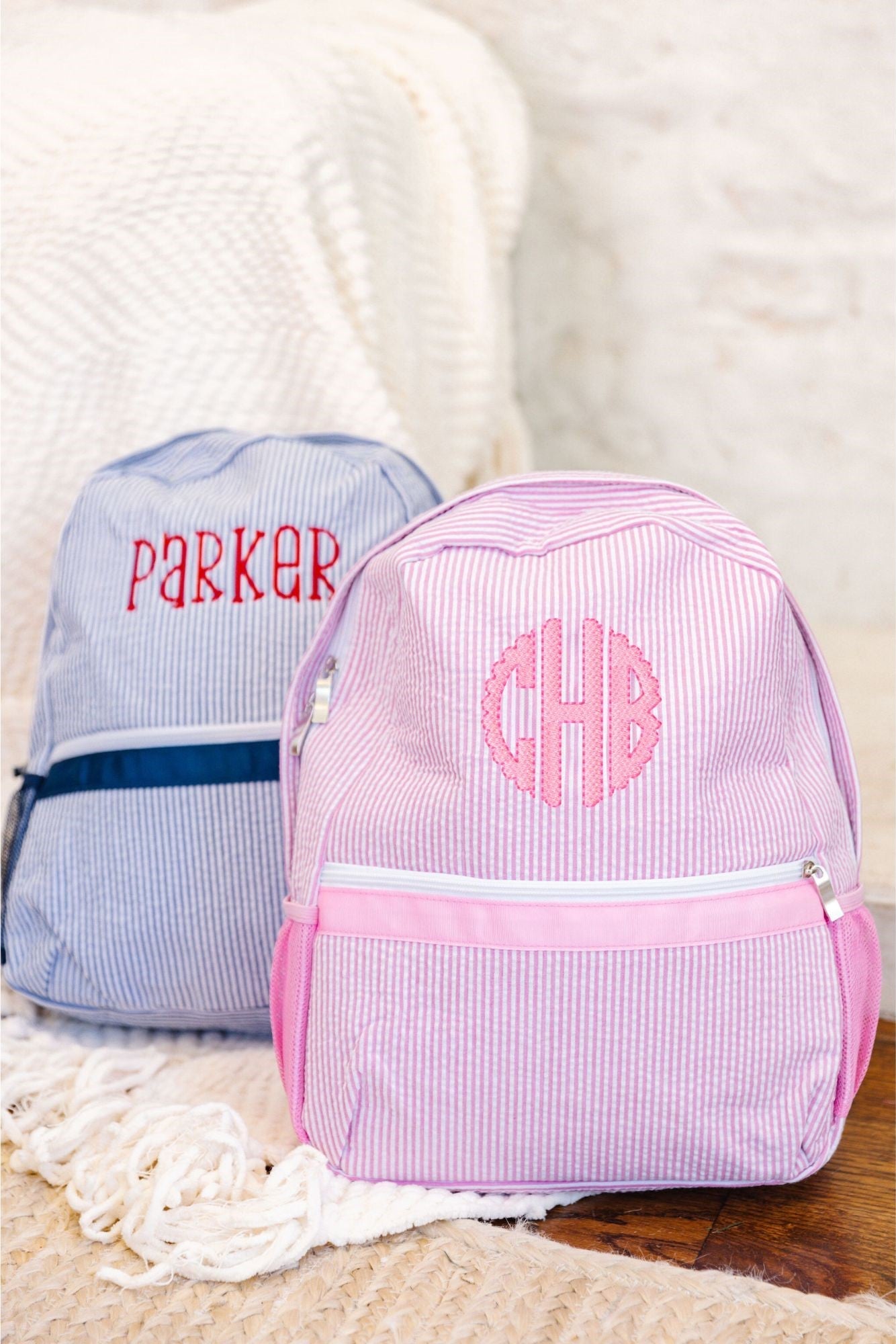 Embroidered Seersucker Backpack - Sprinkled With Pink #bachelorette #custom #gifts