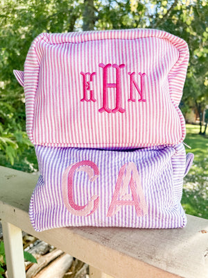 Embroidered Seersucker Makeup Bag - Sprinkled With Pink #bachelorette #custom #gifts