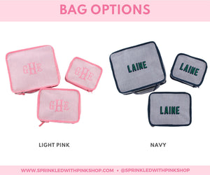 A graphic shows the pink and navy color options that are available for this set of packing cubes.