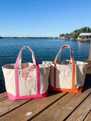 Embroidered Shadow Monogram Boat Tote - Sprinkled With Pink #bachelorette #custom #gifts