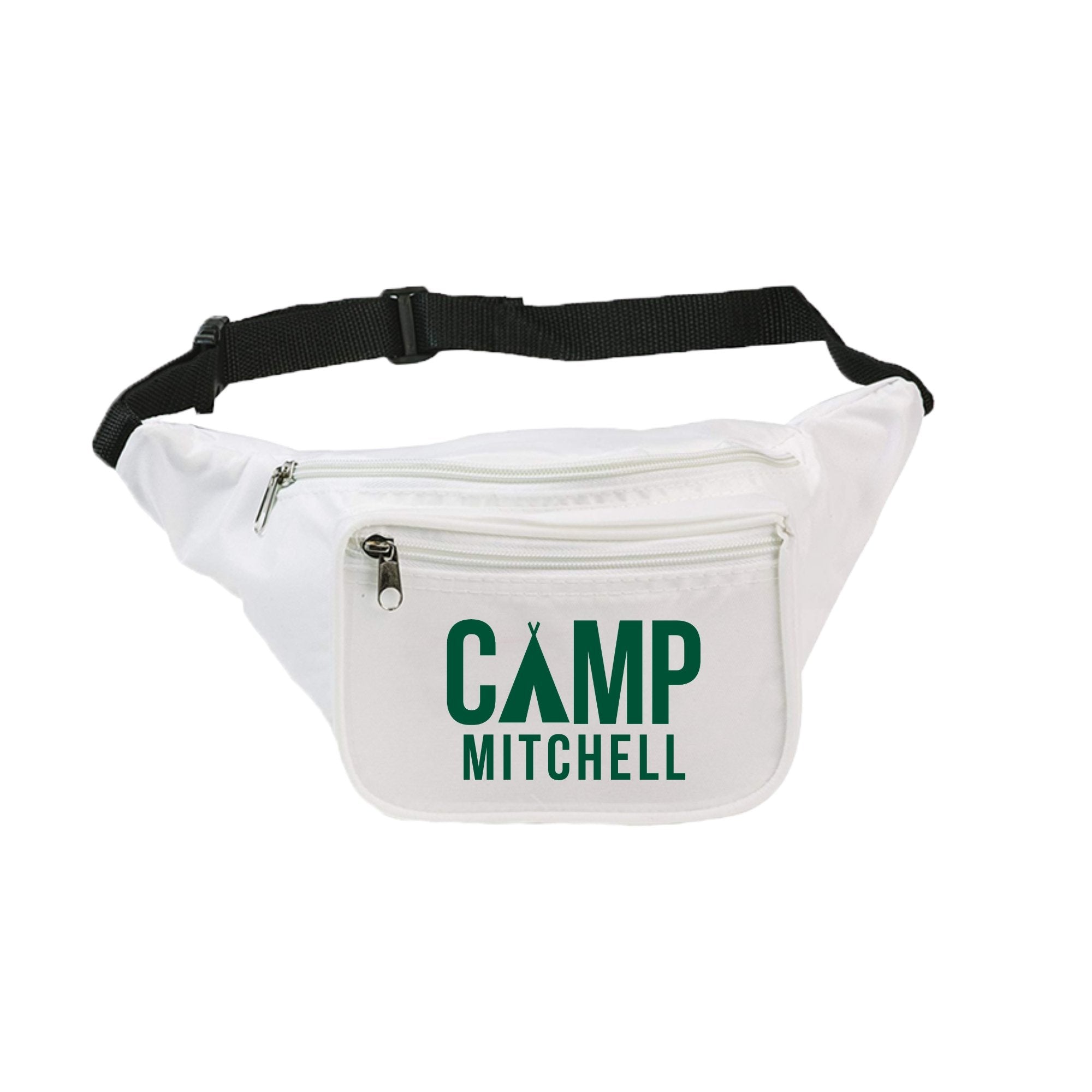 A white fanny pack reads "Camp Mitchell" with a tent icon on the front pocket