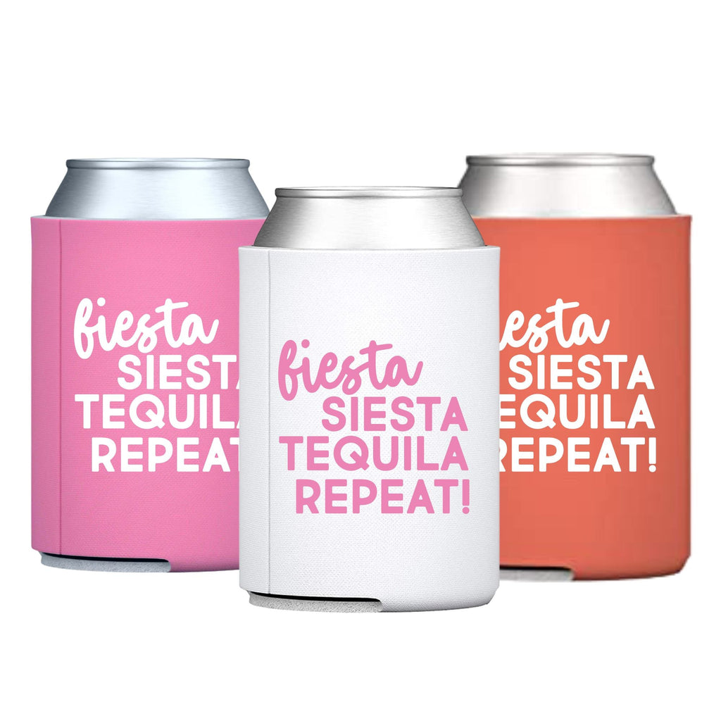 Fiesta Siesta Tequila Repeat Can Cooler - Sprinkled With Pink #bachelorette #custom #gifts