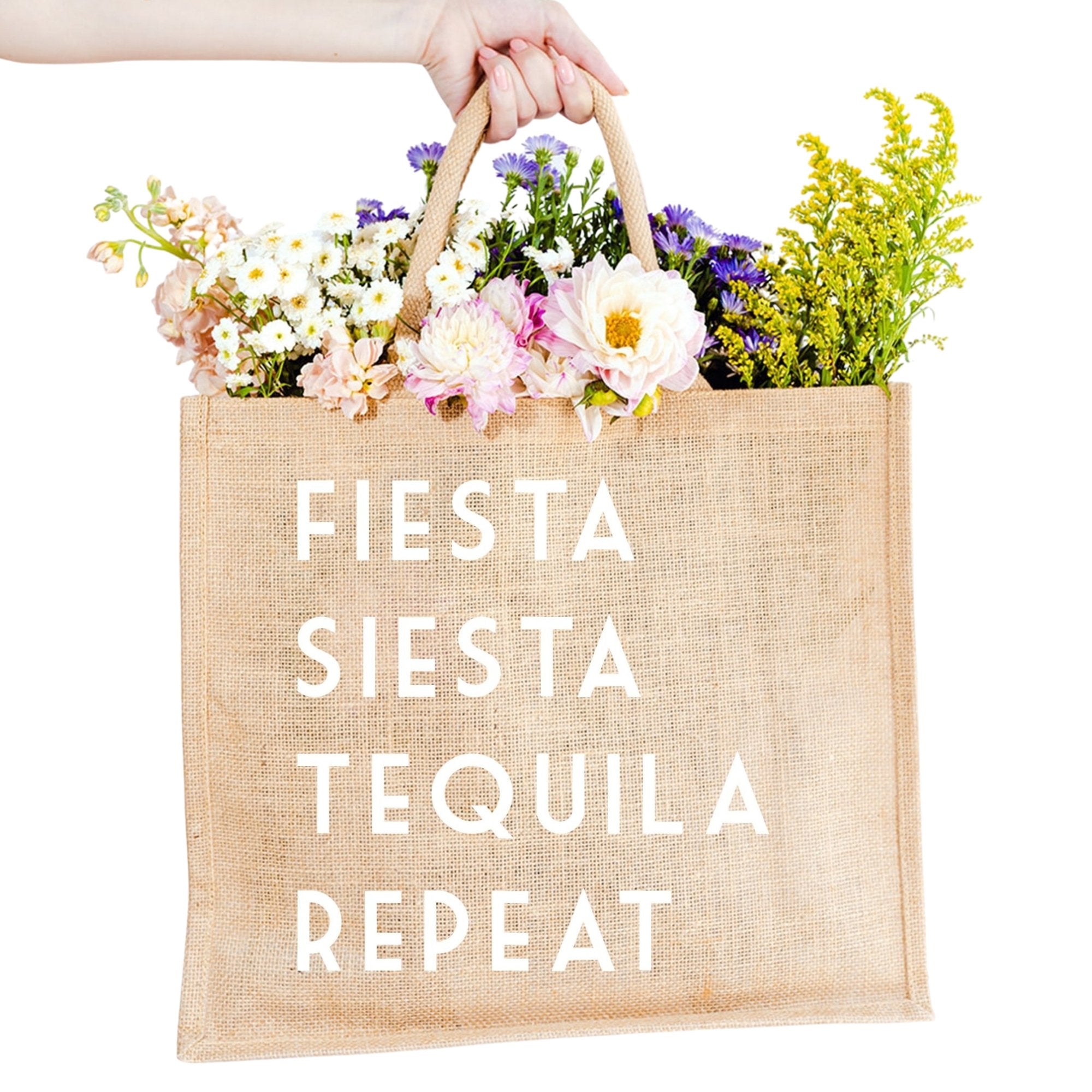A custom jute bag reads "Fiesta, Siesta, Tequila, Repeat" on the front