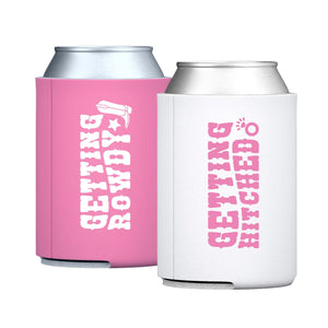 Getting Hitched / Getting Rowdy Can Cooler - Sprinkled With Pink #bachelorette #custom #gifts