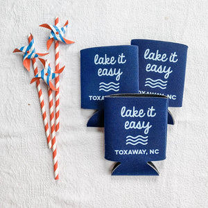 Three navy koozies read "lake it easy" and are customized with the city Toxaway, NC.