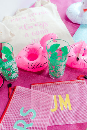 A collection of our custom bachelorette party gifts in a pink theme