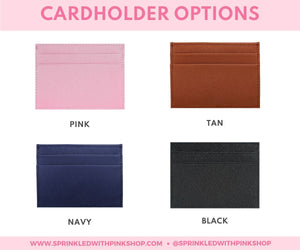 4 cardholder color options: pink, tan, navy, and black are shown