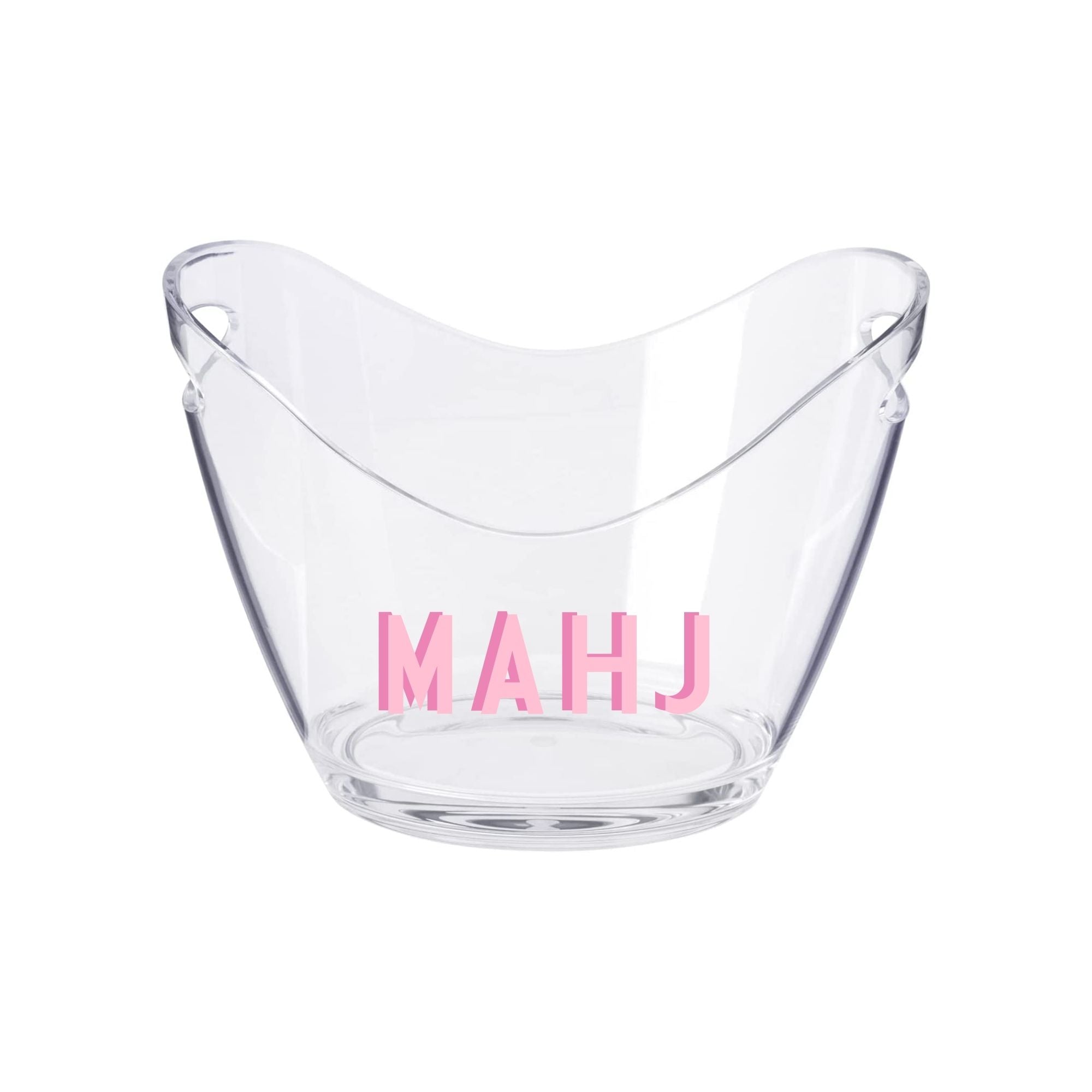 A wide ice bucket that reads "mahj" in pink letters