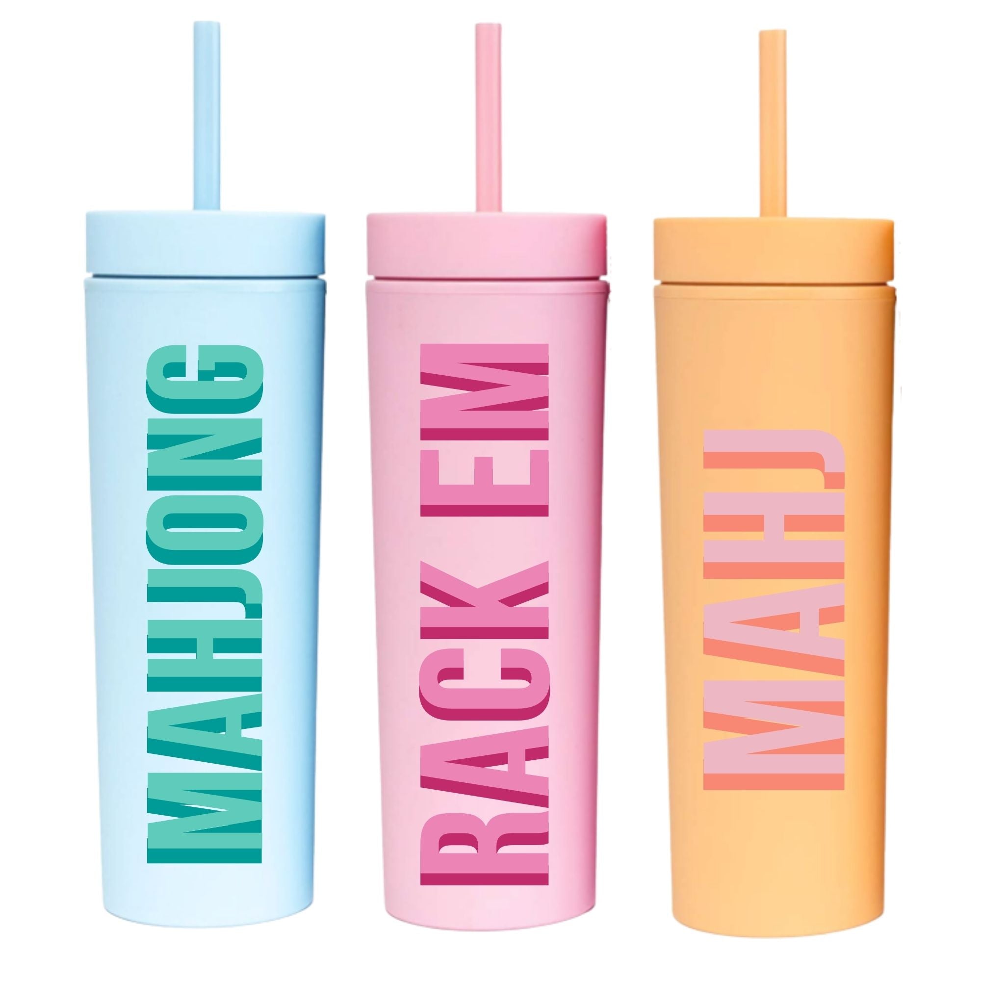 Three Mahjong themed tumblers in blue, pink, and orange