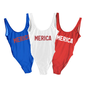 Red, white, and blue swimsuits that read "Merica" across the chest