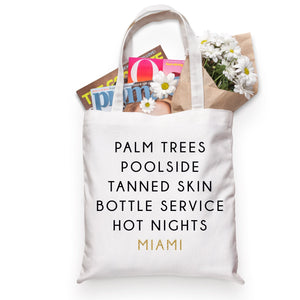 A tote bag is customized for a trip to Miami.