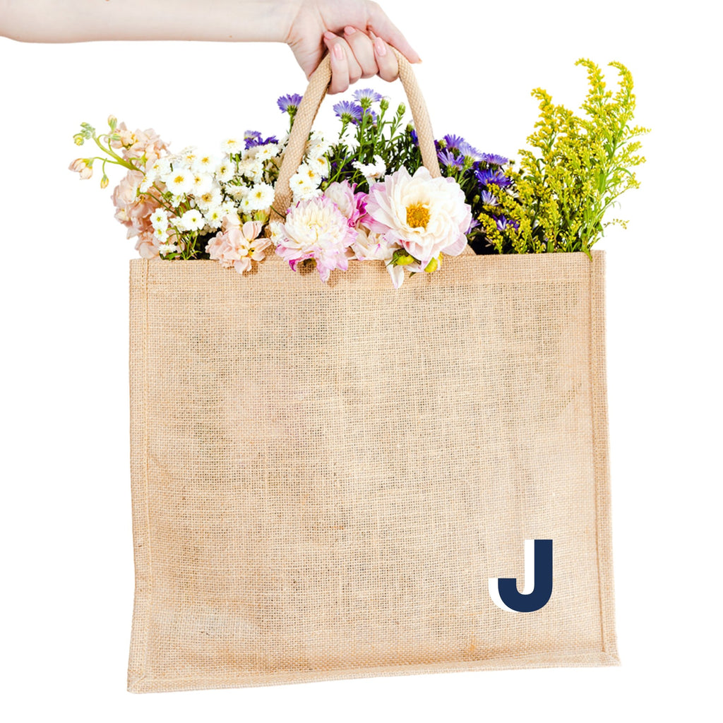 A jute tote with a 