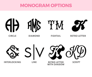 8 monogram options that can be used to customize our jewelry cases. 