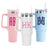 Three monogrammed tumblers with handles in pink, white, and blue
