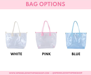 A graphic that shows off the color options of clear totes which can be customized.