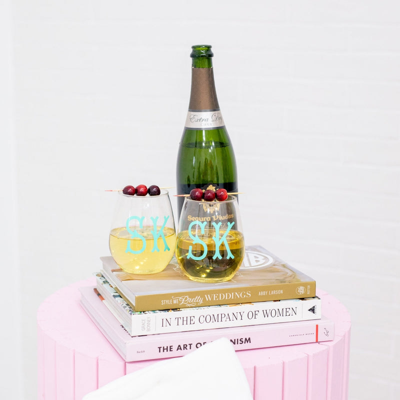 Monogrammed Stemless Wine Glass - Sprinkled With Pink #bachelorette #custom #gifts