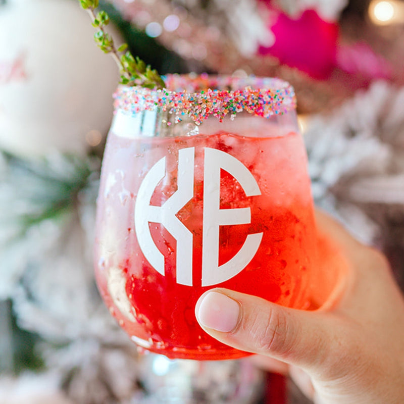 Monogrammed Stemless Wine Glass - Sprinkled With Pink #bachelorette #custom #gifts