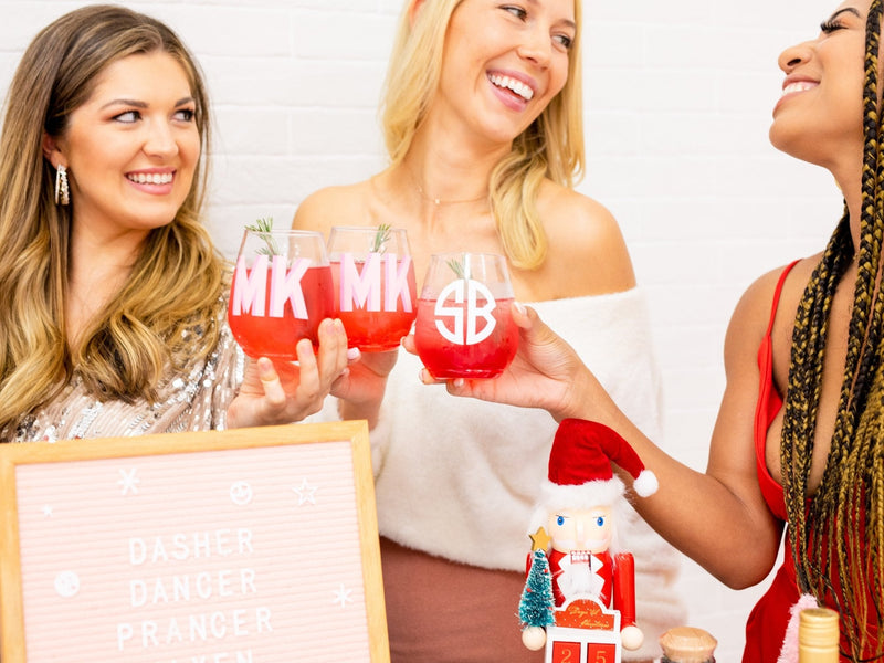 Monogrammed Stemless Wine Glass - Sprinkled With Pink #bachelorette #custom #gifts