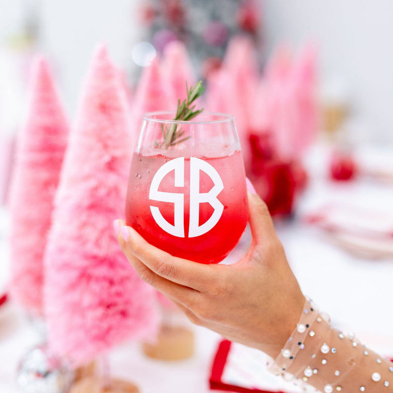 Monogrammed Stemless Wine Glass - Sprinkled With Pink #bachelorette #custom #gifts