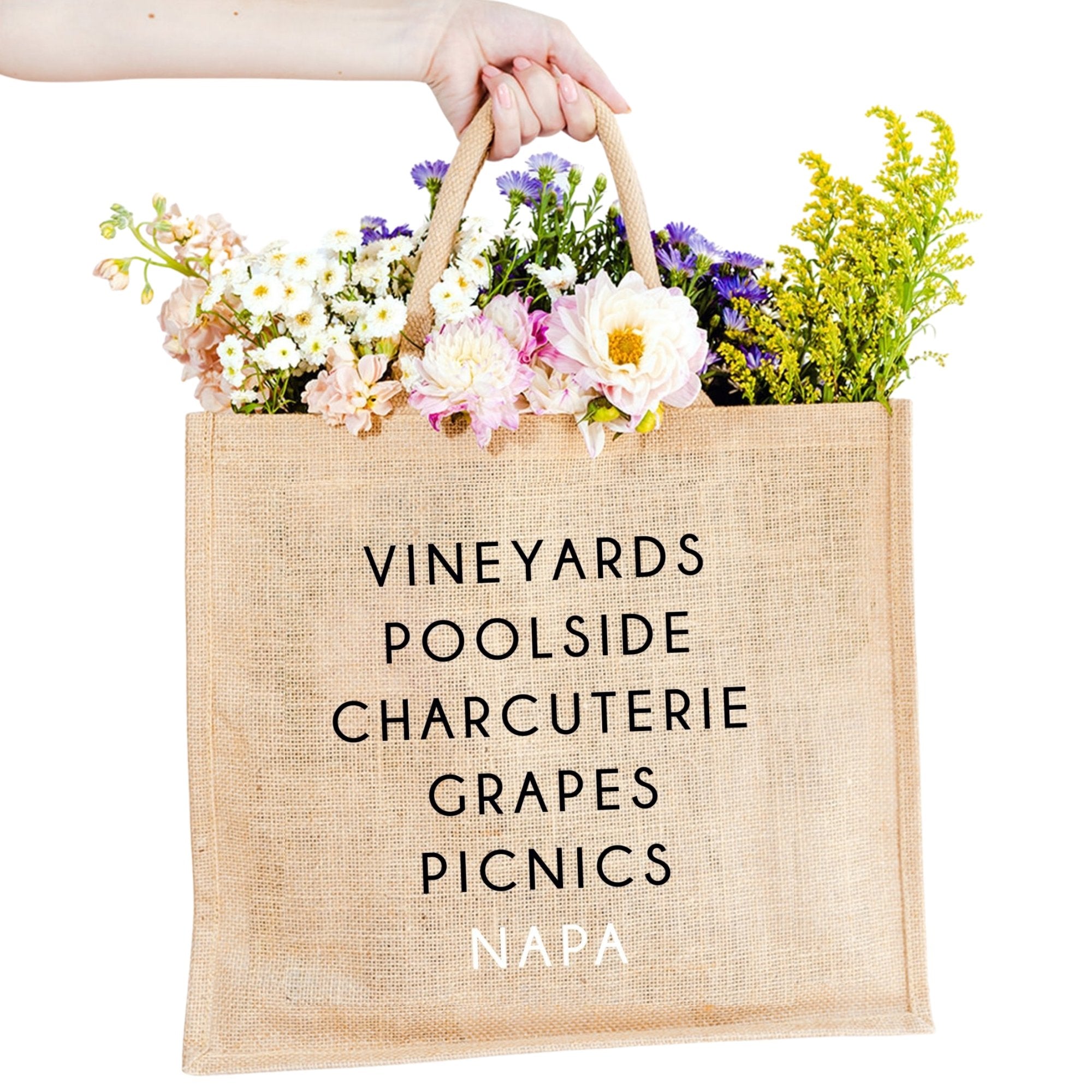 A jute carryall tote customized with sayings about NAPA