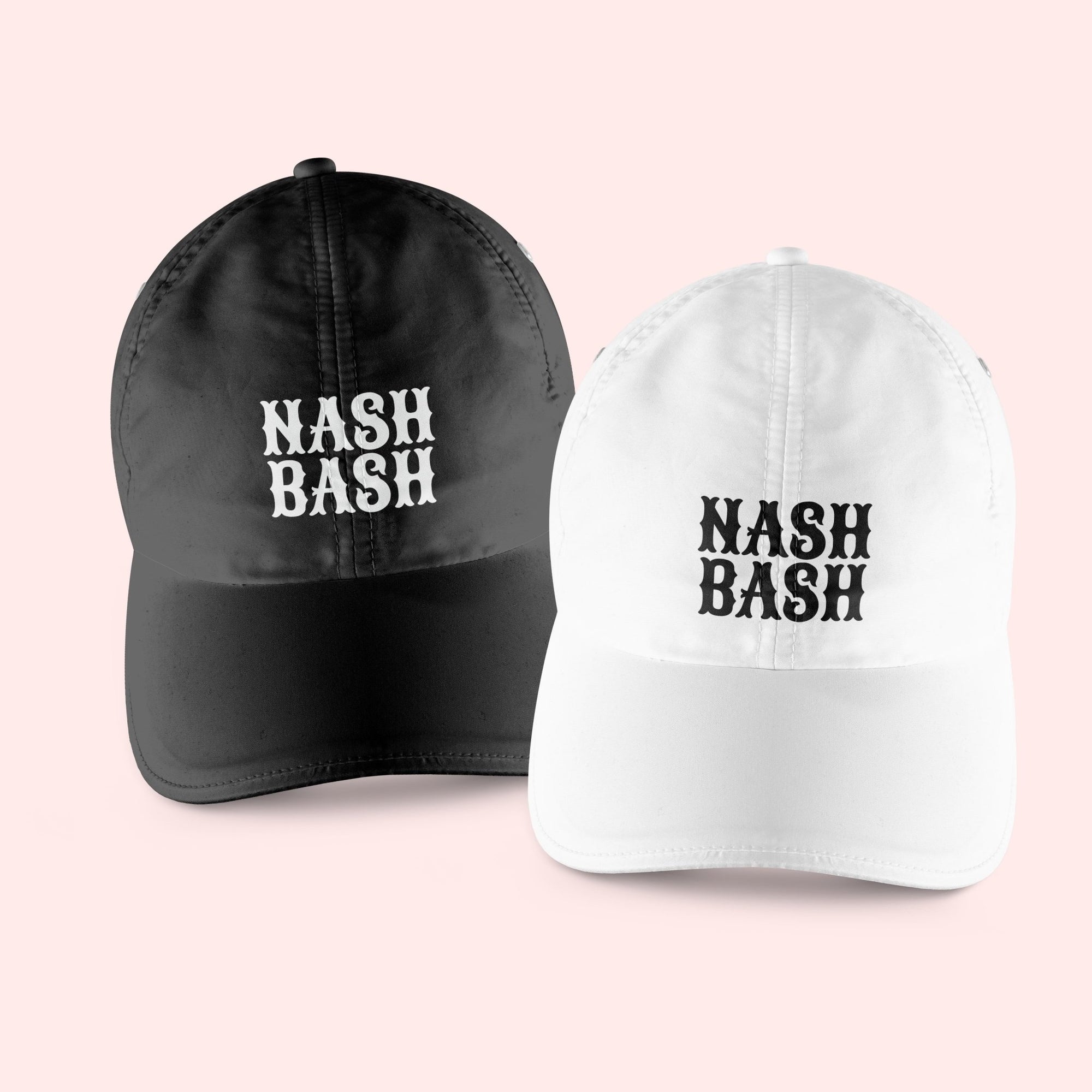 A black and white baseball hat read "Nash Bash" in black and white fonts.