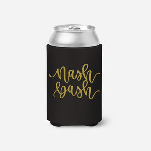 A black can cooler says "Nash Bash" in gold script font.