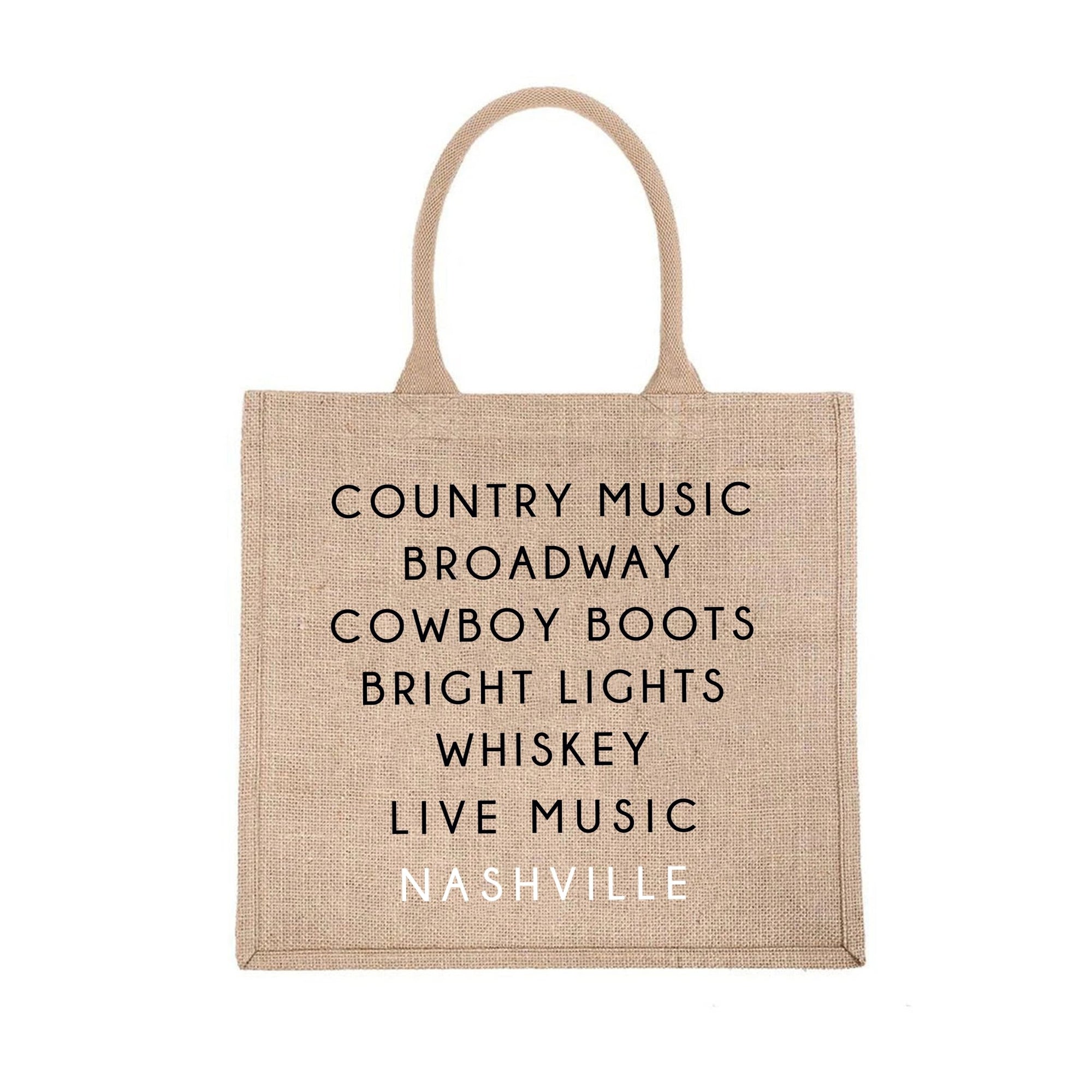 A jute carryall tote customized with sayings about Nashville