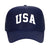 A navy blue trucker hat reads "USA" on the front in white letters