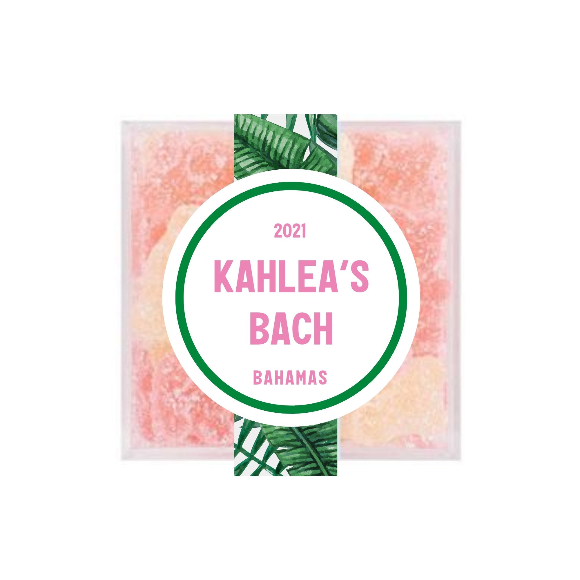 A candy box is customized with a label for a bachelorette in the Bahamas