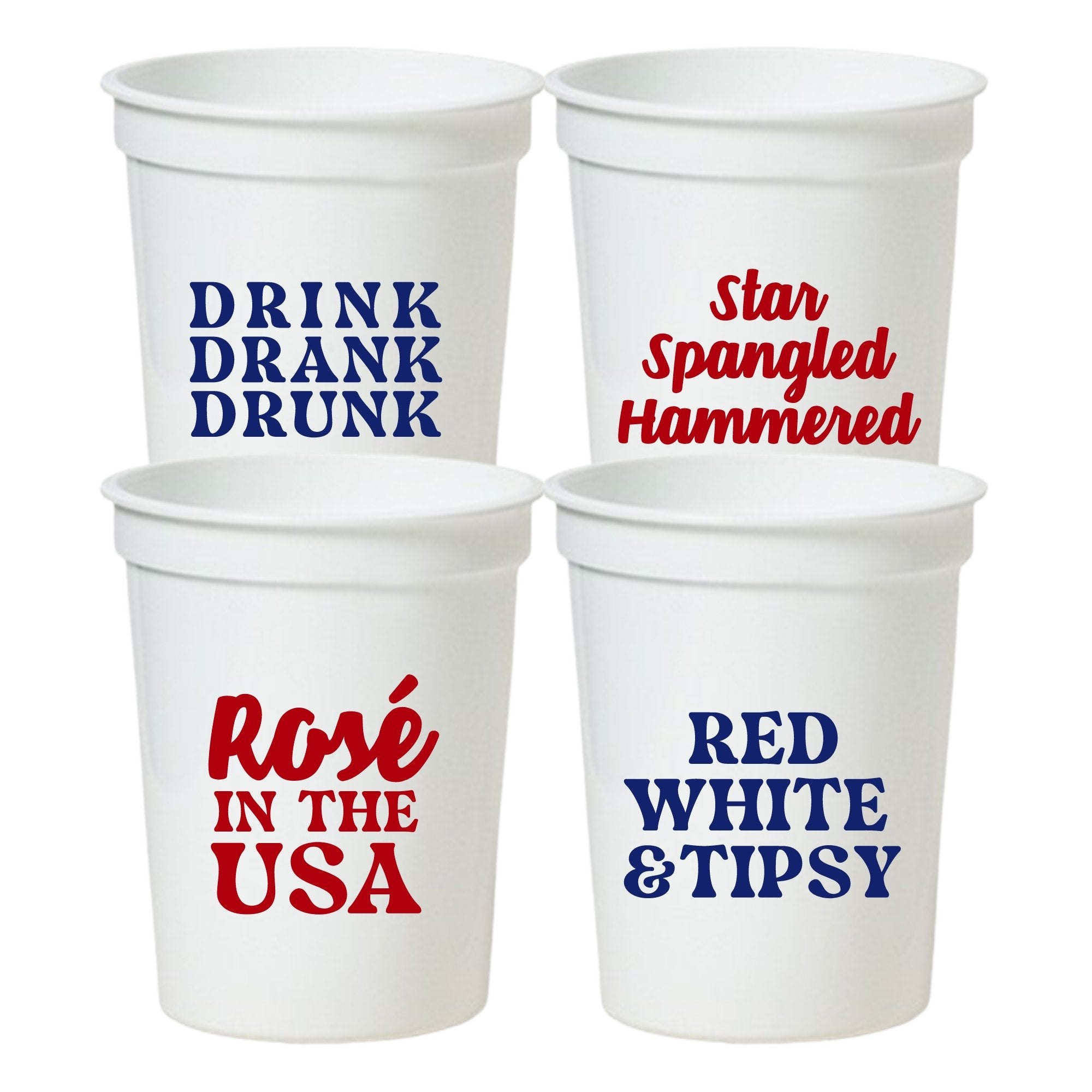 A set of four white-colored stadium cups customized with patriotic drinking phrases