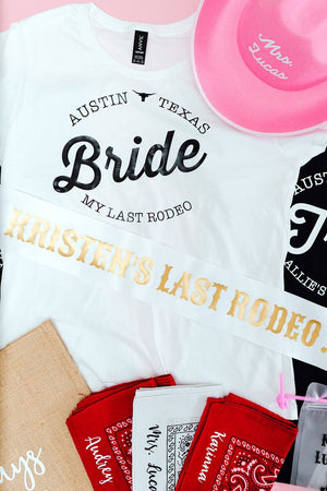 A graphic which shows products that are perfect for a bachelorette trip to Austin