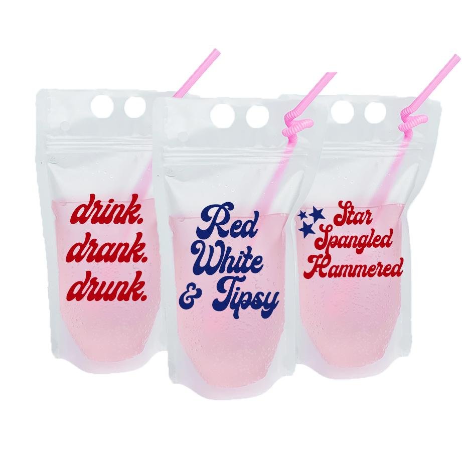 Customized party pouches with patriotic drinking phrases