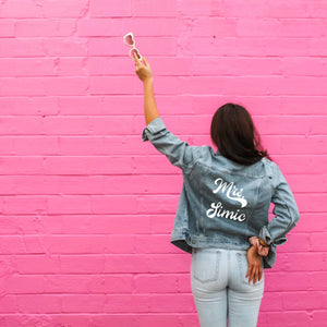 Retro Last Name Denim Jacket - Sprinkled With Pink #bachelorette #custom #gifts