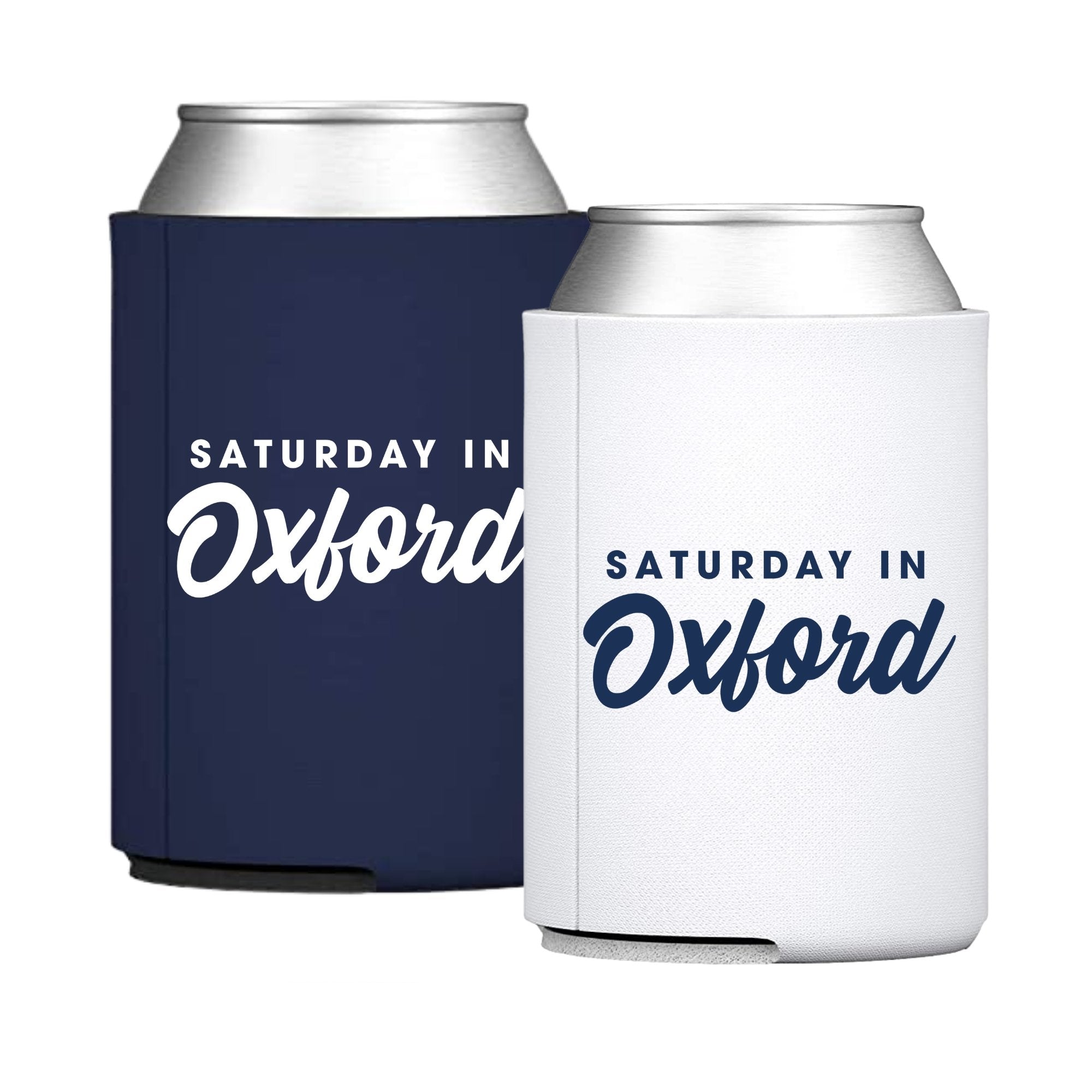 Two can coolers read "Saturday in Oxford"